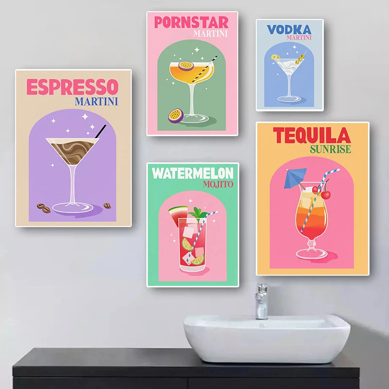 Simplicity Colorful Cocktail Posters Trendy Drinks Prints Whiskey Bar Cart Prints Canvas Painting Wall Pictures Home Bar Decor