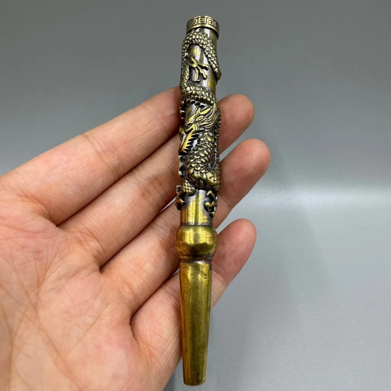 Brass Coiled Dragon Pattern Old-fashioned Dry Bag Palm-sized Tobacco Pipe Retro Chi
