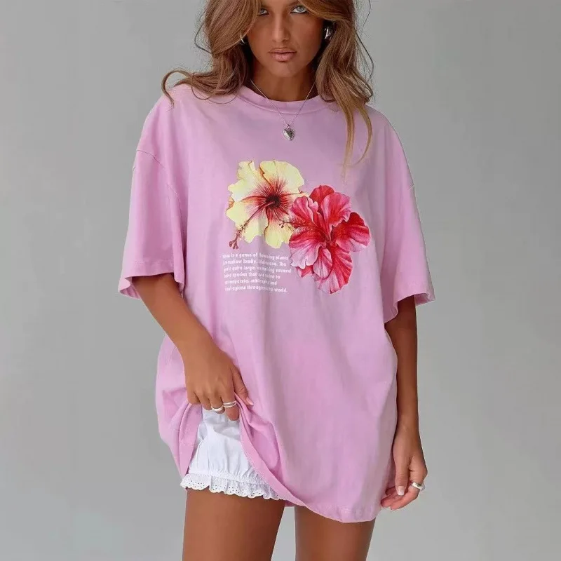 Comoda e traspirante rosa con stampa floreale Casual Princ Polly T-shirt da donna vestibilità ampia rotonda Ne ort Sve Top