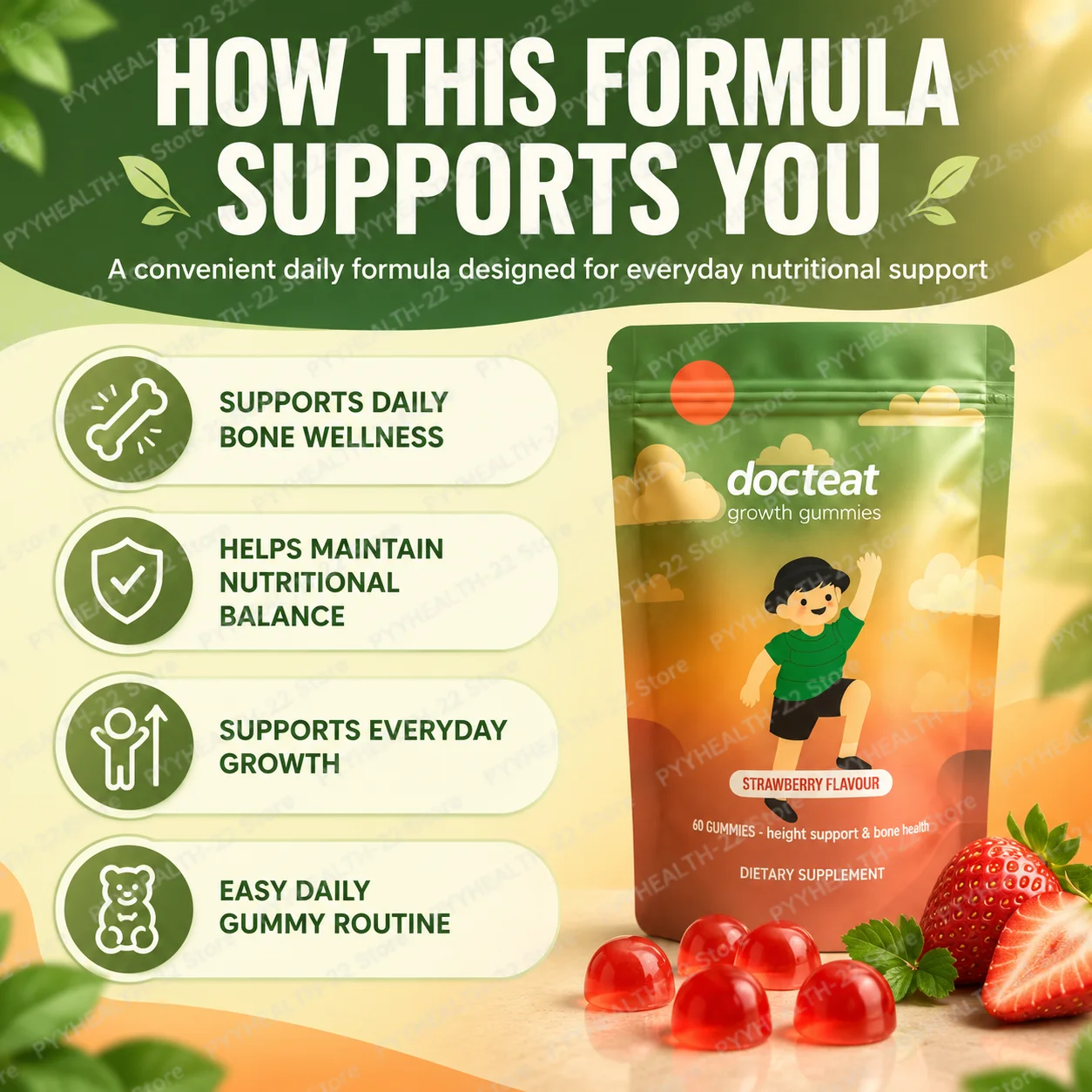 Docteat Kids Bone Support Gummies with Vitamin D K Calcium, Strawberry Flavour Chewable Daily Nutrition Supplement, 60 Count
