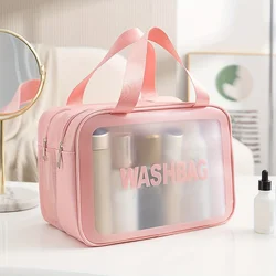 Borsa da toilette da viaggio per donna, borsa da toilette traslucida opaca con manico pratico, borsa cosmetica per accessori da viaggio