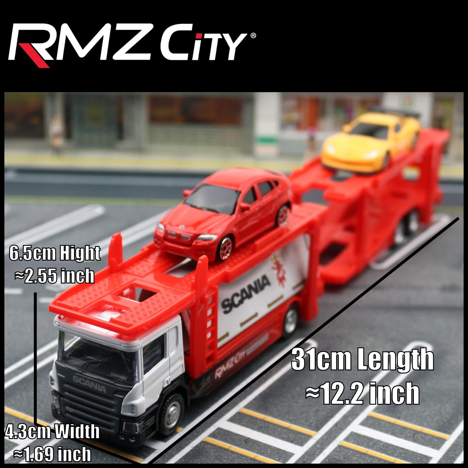 1/64 Car Play Set Toy For Children RMZ City 1:64 Scania Transporter Truck Low Trailer Miniature Model with Traffic Signs Boys