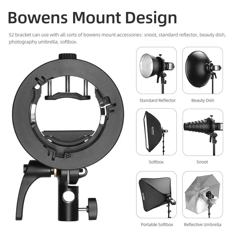 Godox S2 Speedlite Bracket S1 Updated S-Type Bowens Flash Holder Mount for Godox V1 V860III AD200 AD400Pro TT600 Snoot Softbox