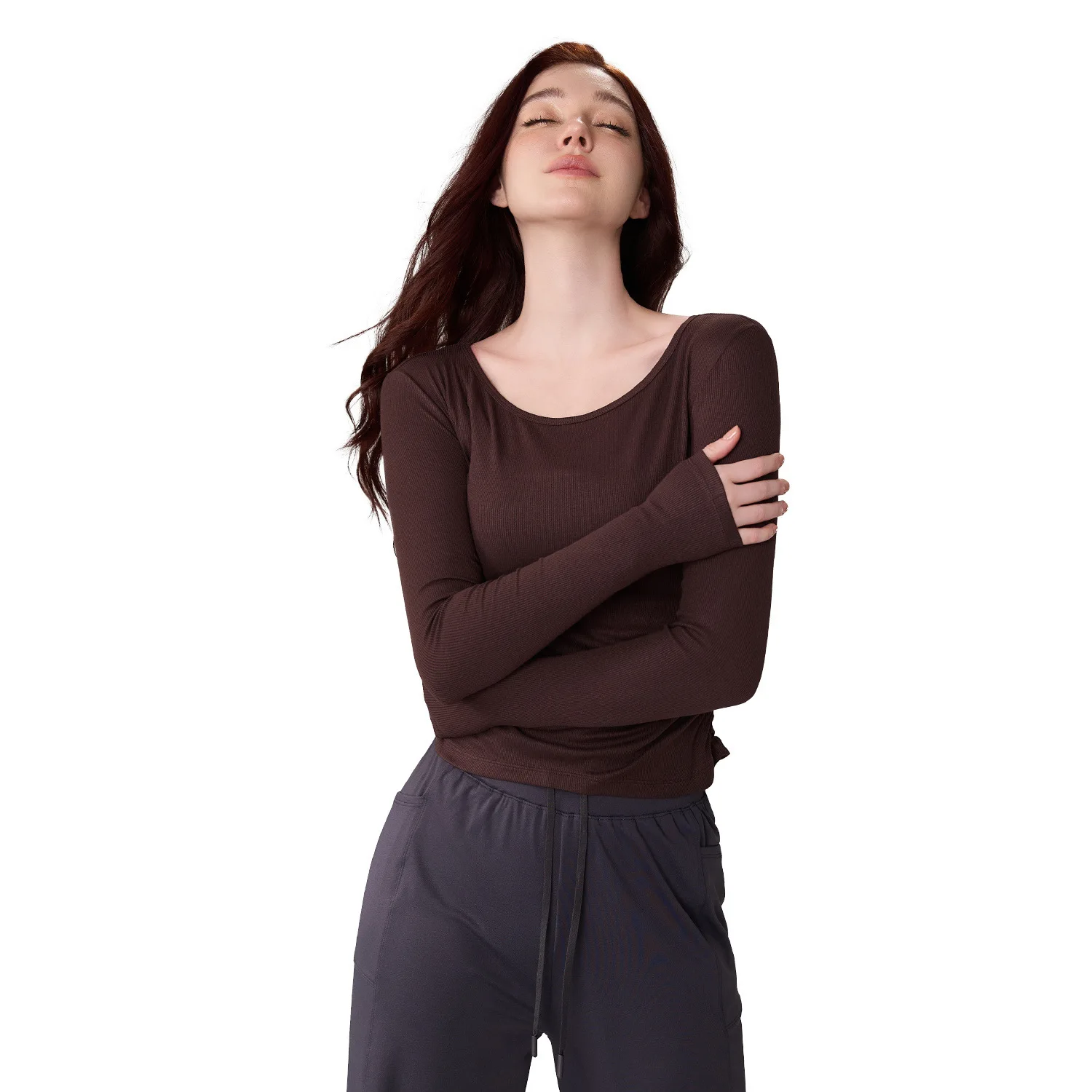 

Mermaid Curve Modal Rib Yoga Clothes Pleated Slim-Fit Crewneck Sports Top Women's Fitness Long Sleeves with Fingpockets