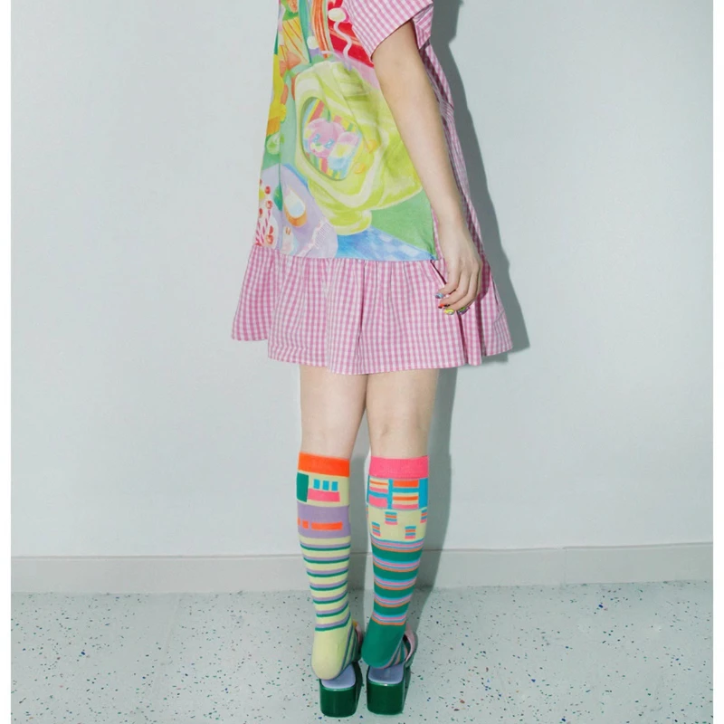 Original Design Striped Fluorescent Color Women's Calf Hosiery Autumn New Asymmetric Candy Color Cotton Mid-Calf Socks Ladies