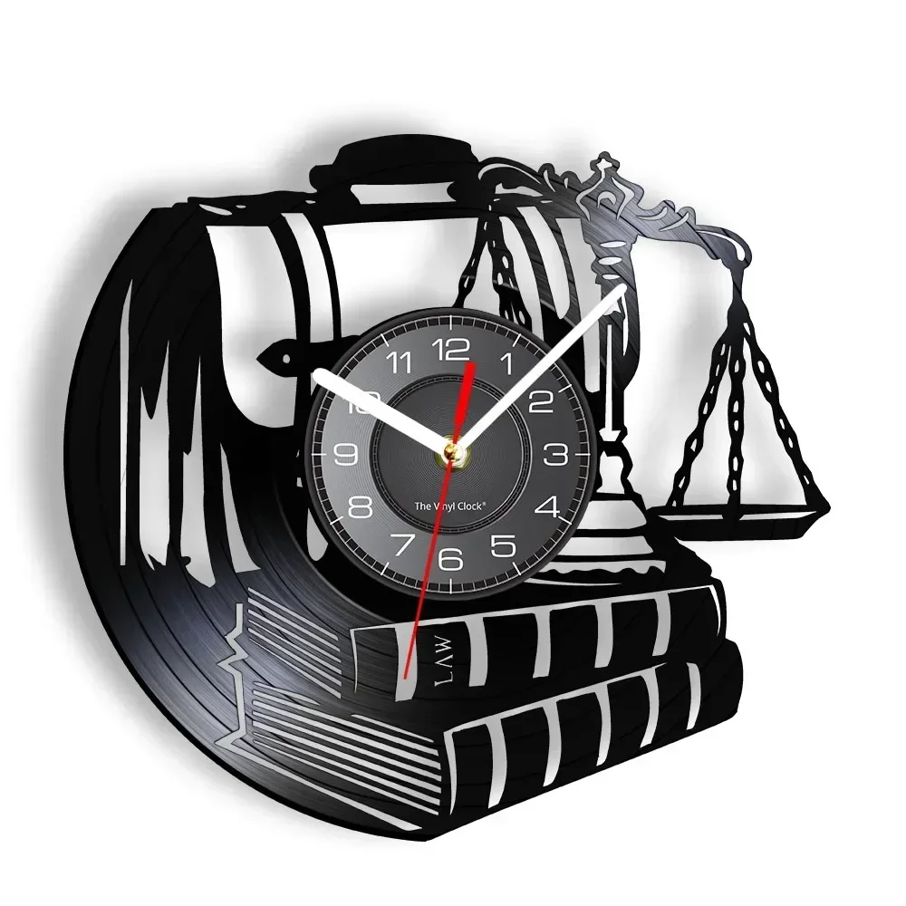 Lawyer of Justice Wall Clock Made of Real Vinyl Record Lawbook Briefcase Balance Vintage Illuminated Wall Watch Gift for Lawyers