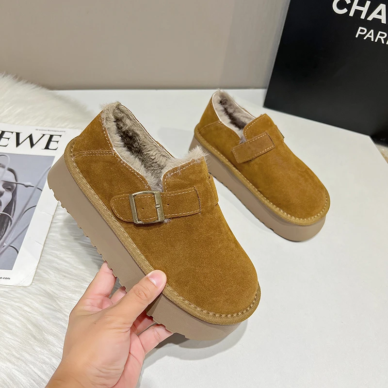 2024 Women's Winter New Round Head Matte Leather Surface Thick Bottom with Velvet Warm and Comfortable Cotton Shoes for Women