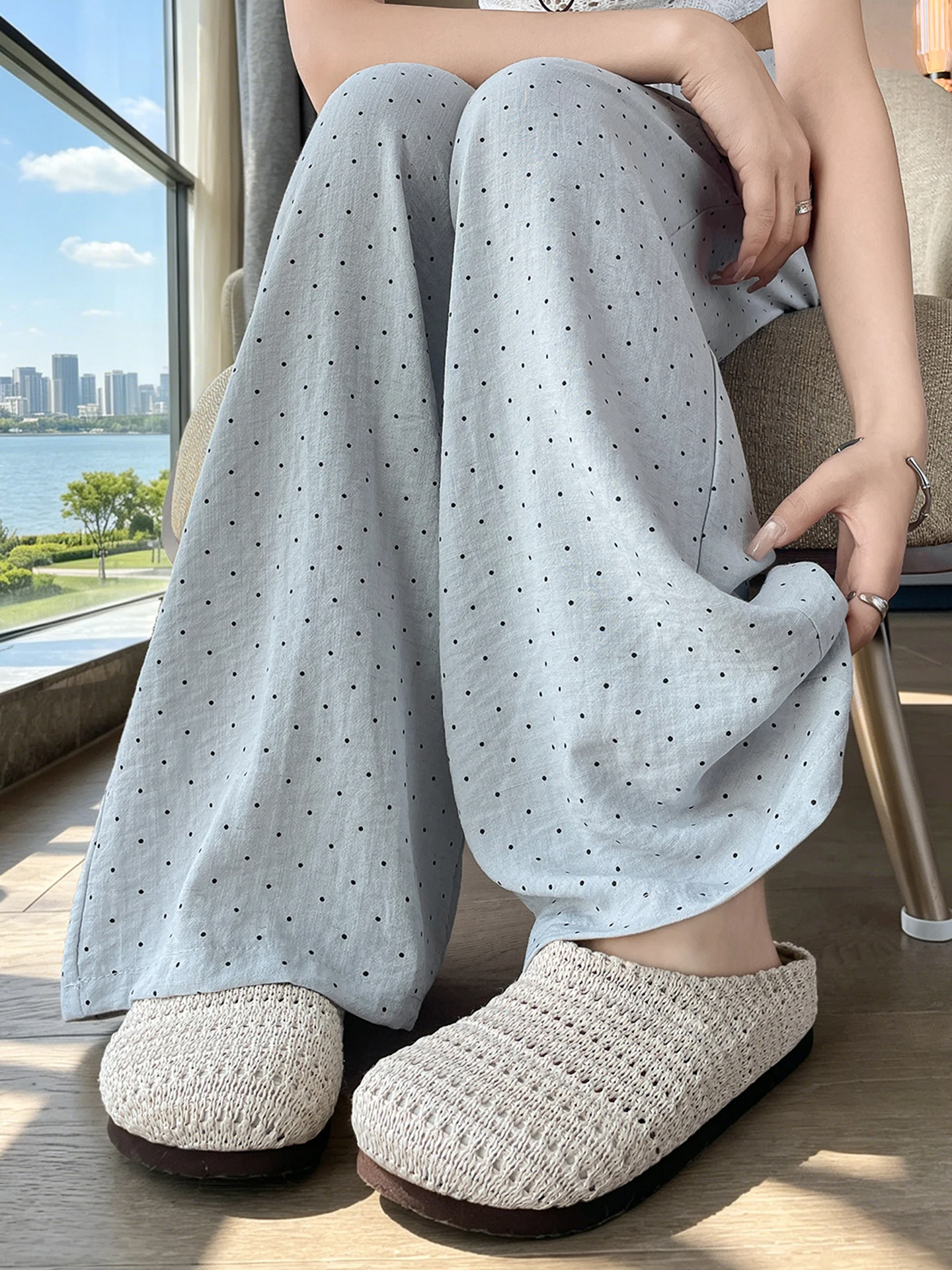 

Cotton Linen Polka Dot Wide Leg Pants Women's Slim Fit High Waist Drapey Straight Tube Pants Summer New Style Casual P...