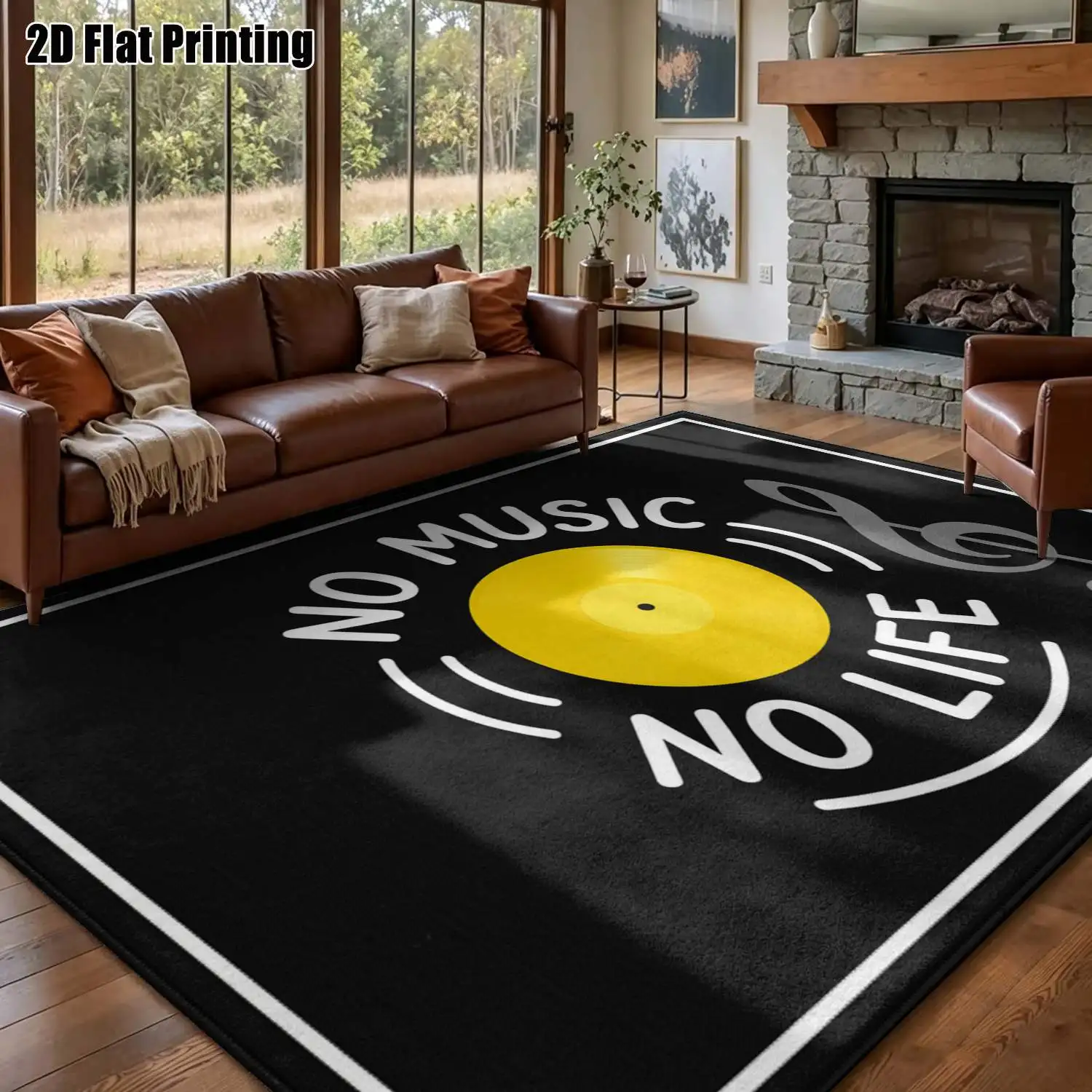 1Pc 2D Printed Carpet: Yellow-Black Retro Record Decor, Instagram-Style, Machine Washable, Multi-Size, Ideal for Home Decor, Door Mats & Room Rugs