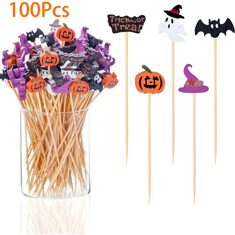 100Pcs Cartoon Pumpkin Ghost Witch Hat Disposable Bamboo Food Picks Dessert Fruit Forks for Halloween Theme Party Decoration - view 3