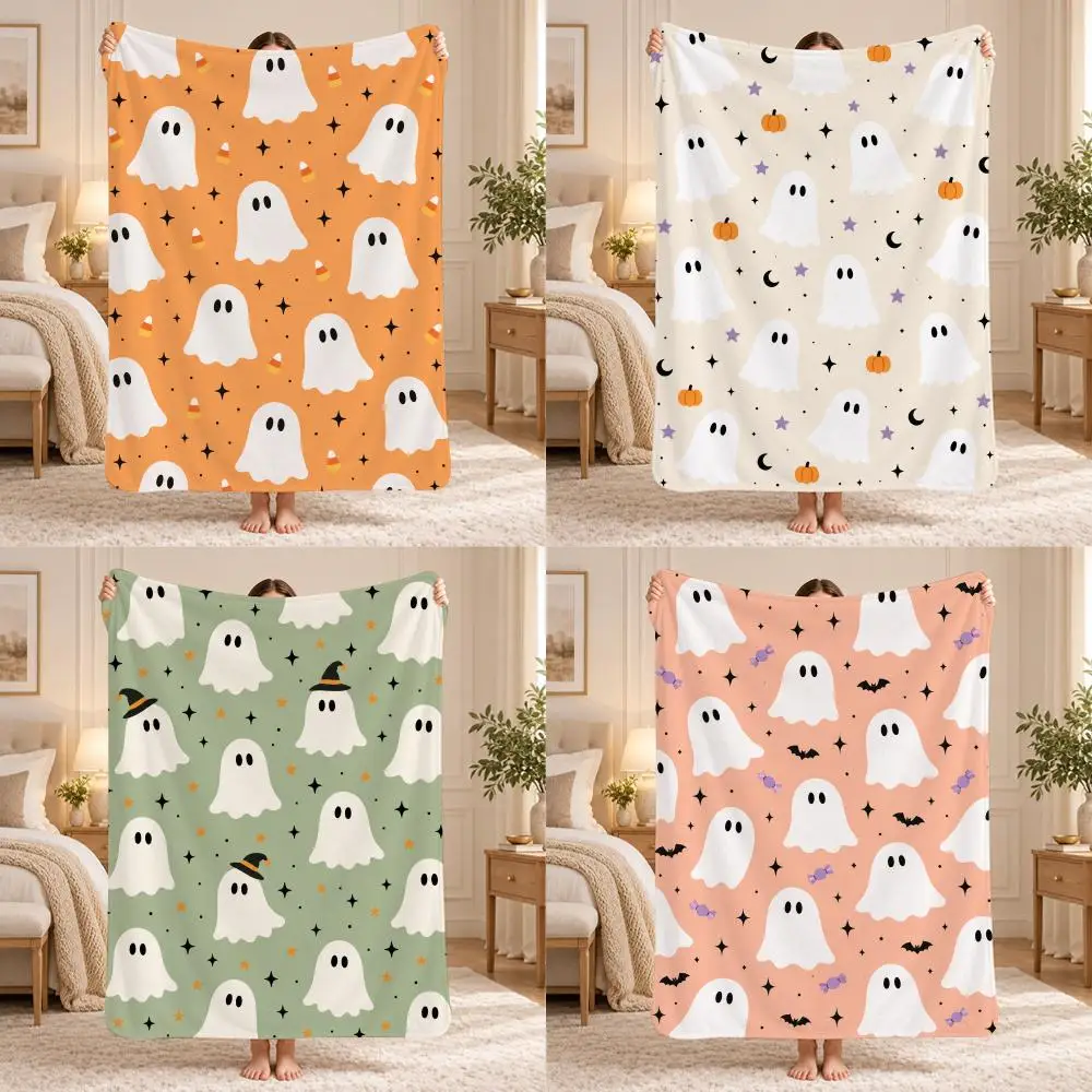 Cute Ghost Halloween Gift Throw 240g Lightweight Flannel Blanket, Soft Skin Throw Blanket for Sofa Bedroom