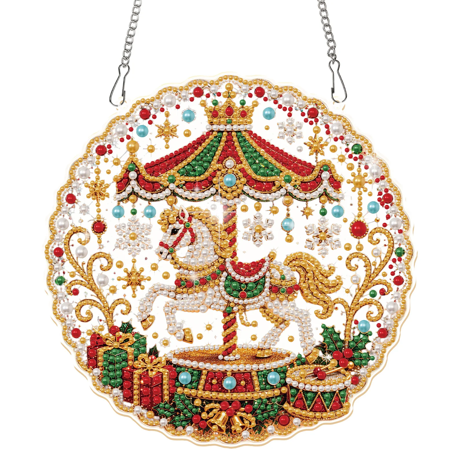 Christmas Pearl Diamond Painting Pendant Kit,Carousel DIY Pearl Art Window Pendant Craft Kit For Garden Hanging Ornament Gift