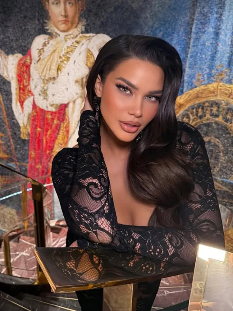 Lace Maxi Dresses For Women Fashion Sexy Partywear Solid Full Sleeves Square Collar Slim Fit Hip Wrap Sheer Long Vestidos Robes