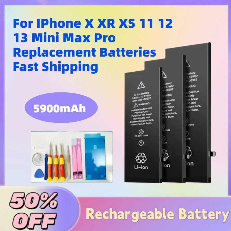

High Capacity New 5900mAh Mobile Phone Battery for IPhone X XR XS 11 12 13 Mini Max Pro Replacement Batteries Fast Shipping