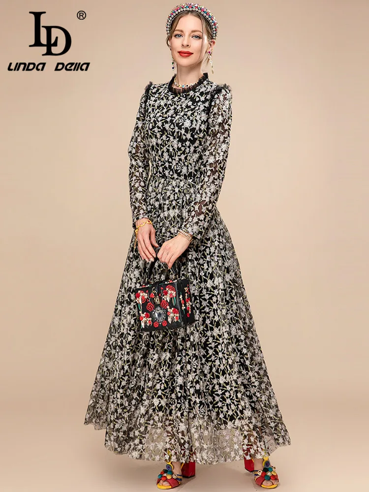 LD LINDA DELLA 2023 New Spring Runway Mesh Dress Women Long sleeve Floral Embroidery Black Vintage Elegant Party Long Dress