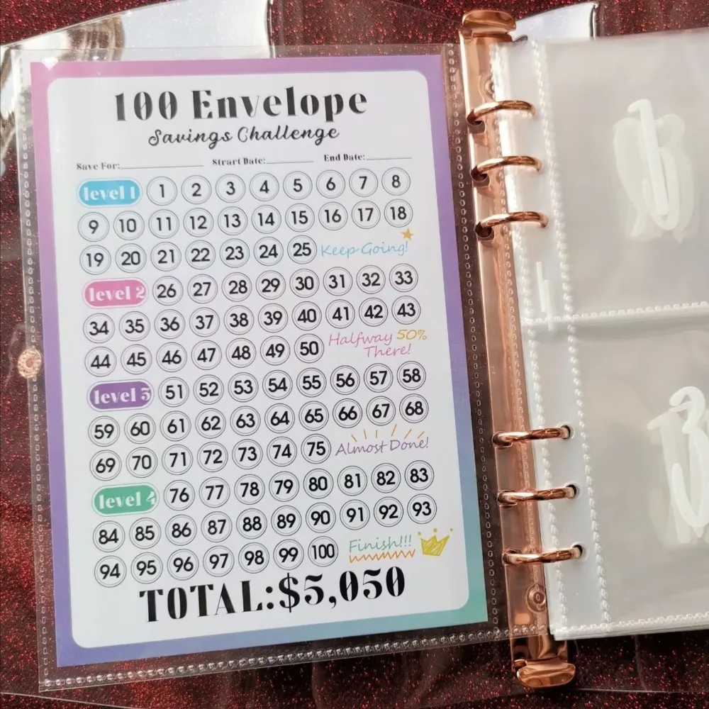 100 Envelopes Money Saving Challenge Binder A5 Savings Challenges Book with Envelopes 100 Pocket Pre-Numbered Save $5050