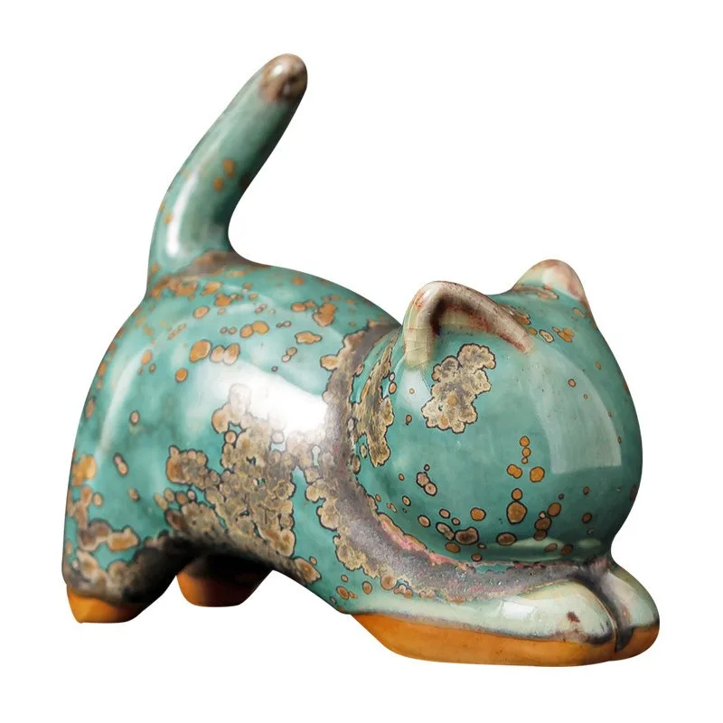 Chinese Style Kiln Change Glaze Small Cute Cat Ceramic Tea Pet Lucky Desktop Ornament Living Room Coffee Table Decor Handmade