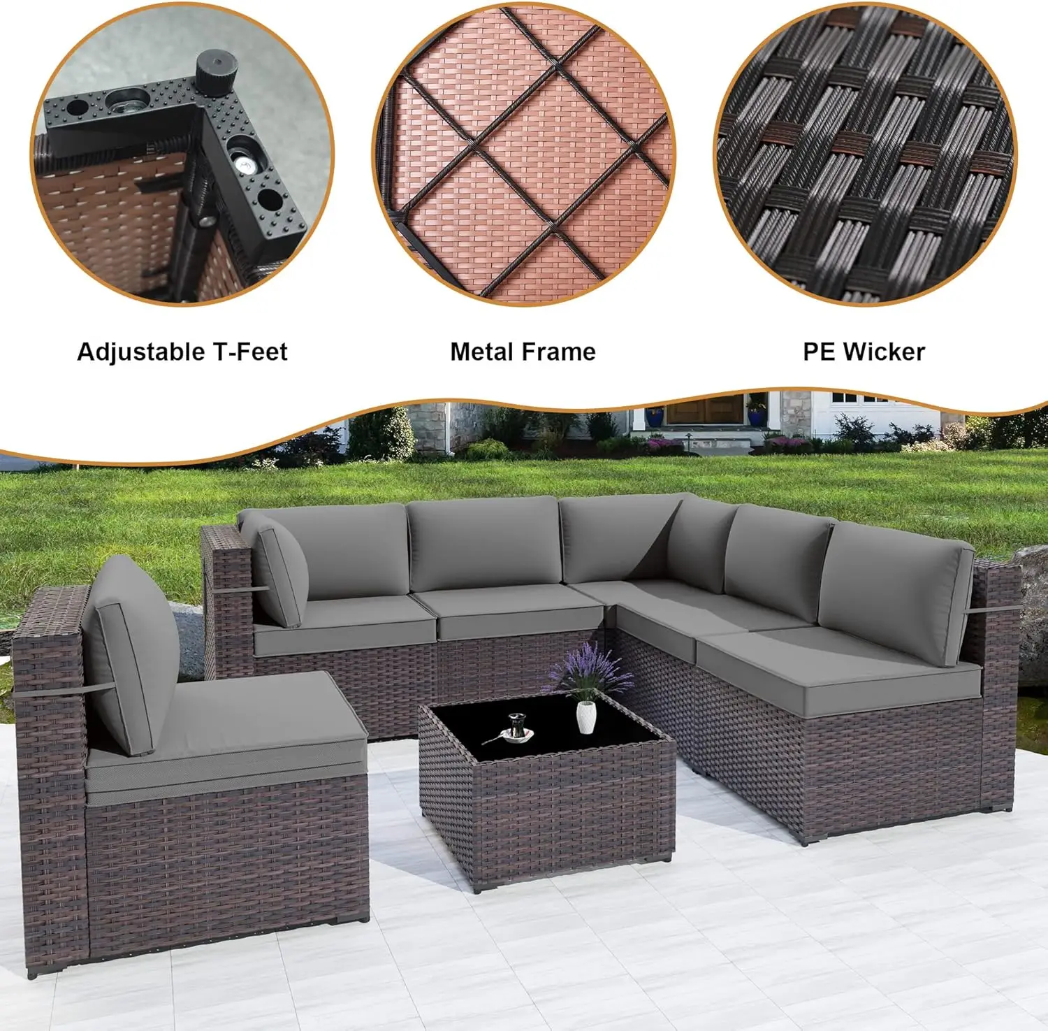 Juego de muebles de patio, juego de patio exterior de mimbre para todo tipo de clima que incluye mesa de centro de vidrio templado, sofá y juego de cojines para patio trasero