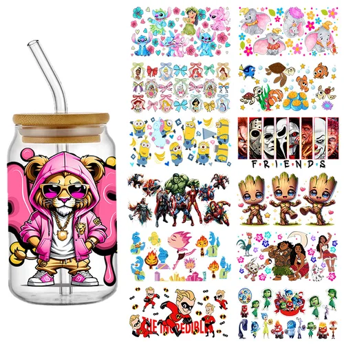 Calcomanía de varios dibujos animados, pegatina de transferencia UV DTF, envoltura de vaso para vasos Libbey de 16oz, envolturas de botellas, palo de taza DIY