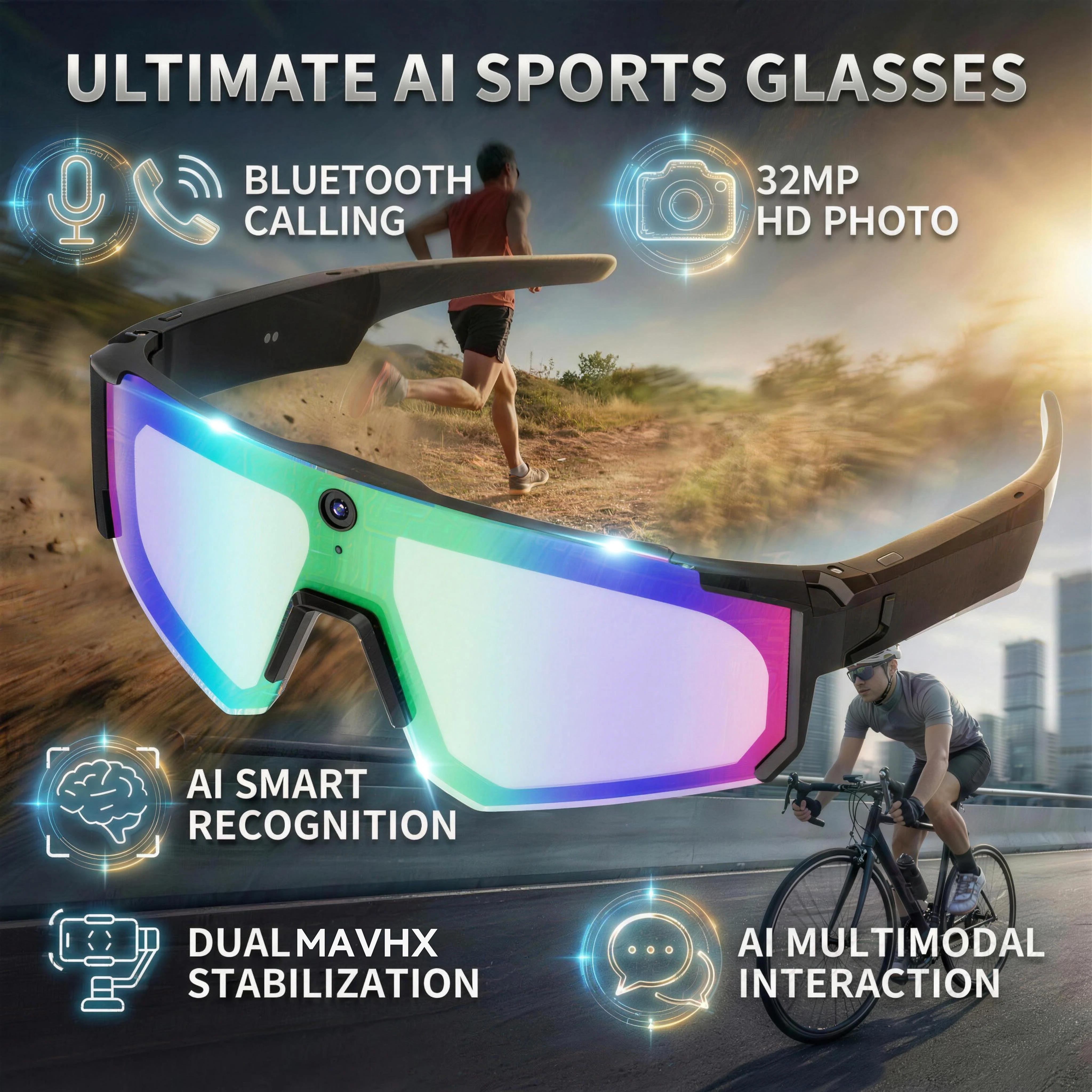 Slimme AI-camerabril 1200P video-opname Bluetooth outdoor sportzonnebril WiFi-vertaler anti-tril gepolariseerde bril