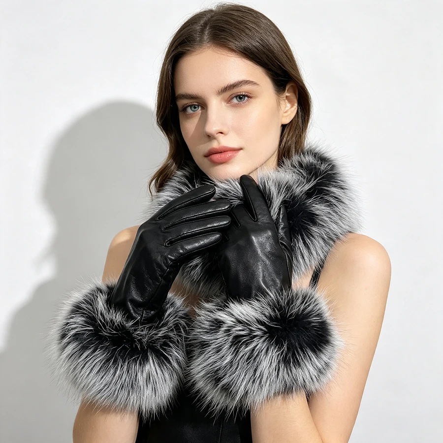 Women's Fox Fur Gloves Natural Leather Sheepskin Cycling Driving Winter Warm Fashion Real Lambskin Fox Fur Gloves