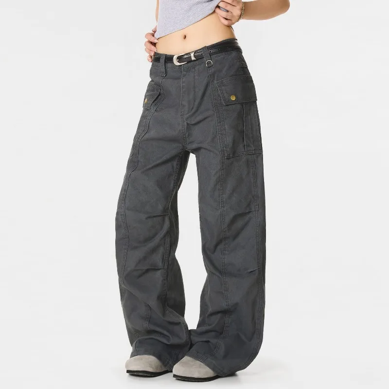OR FL American Retro Wash With Water 100 Cotton Women Cargo Trousers Trendy Brand High Street Fold Staraight Slacks Y2k Pants