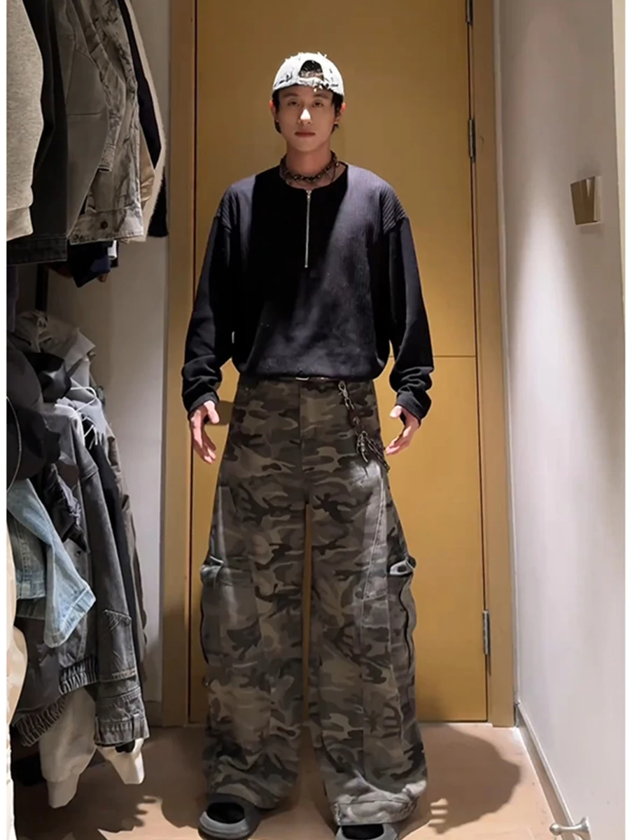 

Мужские винтажные рабочие брюки в американском стиле High Street, камуфляжные, свободные, прямые, широкие штанины, молодежные, весенние, повседневные