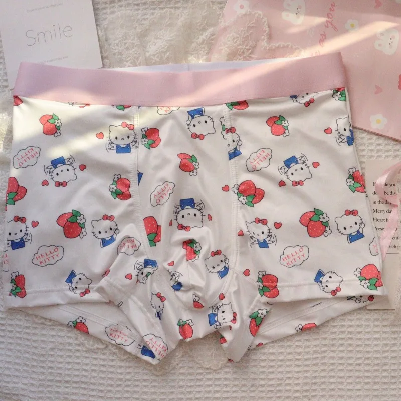 Hello Kitty Kawaii Strawberries Men Underwear Anime Cartoon Cute Printing Boxers Summer Cool Breathable Ice Silk Boyfriends Gift