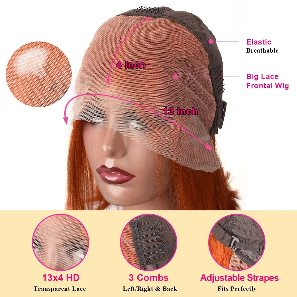 10 12 بوصة 350 الزنجبيل البرتقالي قصير بوب شعر مستعار 13x6 HD شفافة الدانتيل الباروكات الأمامية مستقيم 100% باروكة من شعر طبيعي للنساء السود ﻿