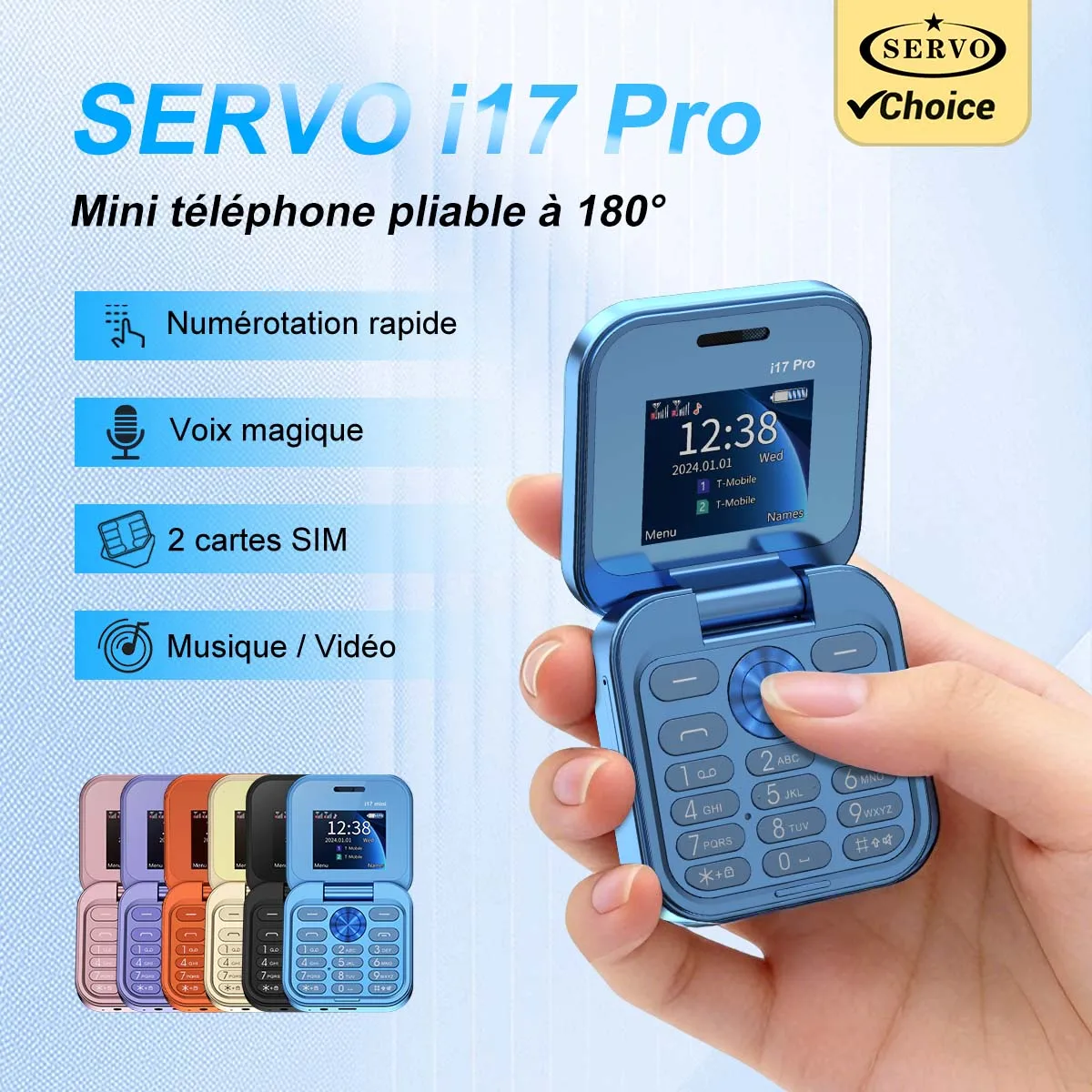 SERVO i17 PRO Mini Téléphone Pliable de Poche Écran 1,77" Double SIM en Veille Voix Magique Liste Noire Radio FM Numérotation Rapide Téléphone Portable Lampe Torche