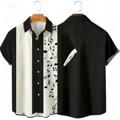 A Niche Creative Note Playing Card Splicing Flower Shirt with Vertical Diamond Pattern Design for Men's Loose Shirt