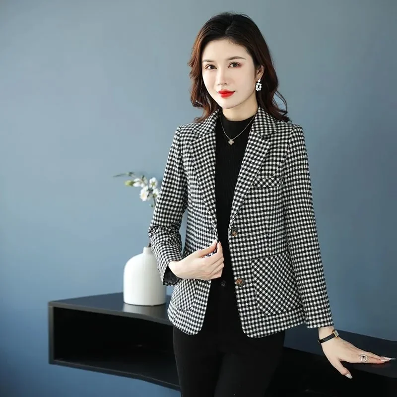 

2023 New Korean Plaid Women Blazers Long Sleeve Single-Breasted Casual Slim Elegant Ladies Suit Jackets Outerwear Female Top