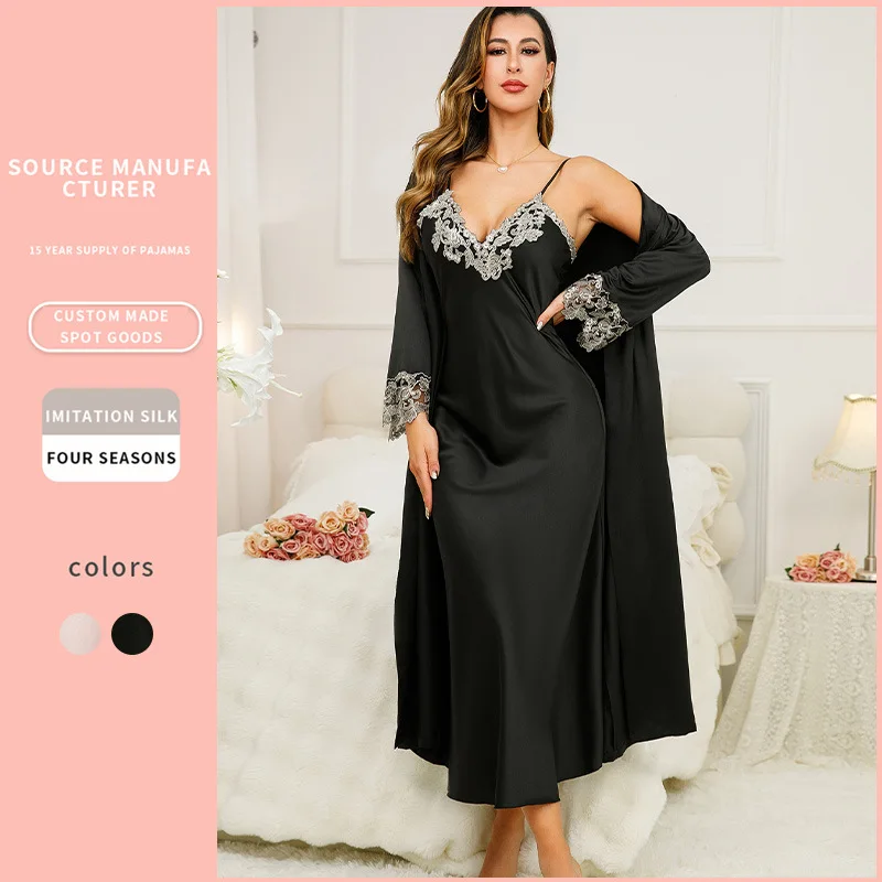 Women's Wholesale Simulated Silk Suspender Nightdress Set Casual Sexy Printed Two Piece Loungewear Pajamas XL Size Lace Robe Set