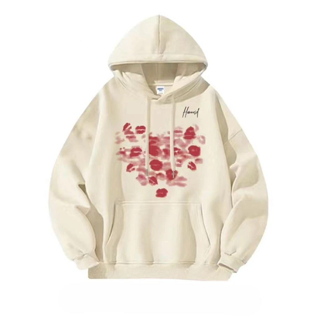 Autumn Winter Hooded Sweatshirt Silver Fox Fleece Lip Print Hoodie Streetwear Couples Warm Pullover Outerwear