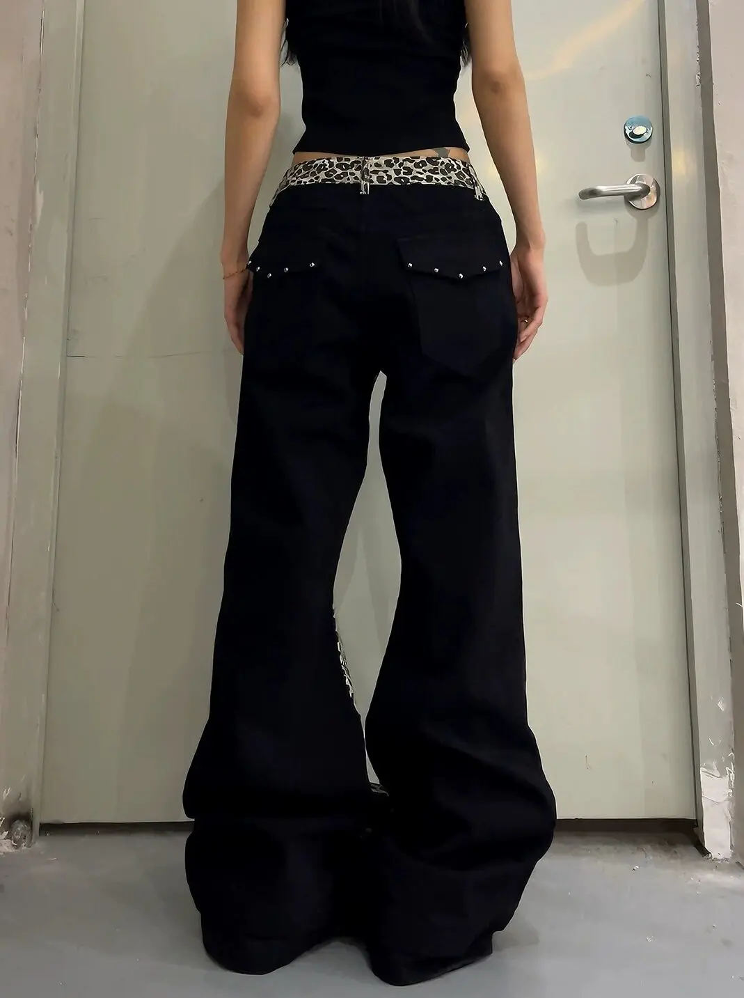 American High Street Design Deer Pattern Printed Denim Pants Women Sexy Retro Color Stitching Floor-Length Knife Pants