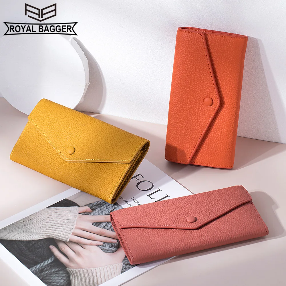 Royal Bagger Genuine Cow Leather Long Wallets for Women Fashion Simple Money Clip Coin Purse Large Capacity Clutch Wallet 6927