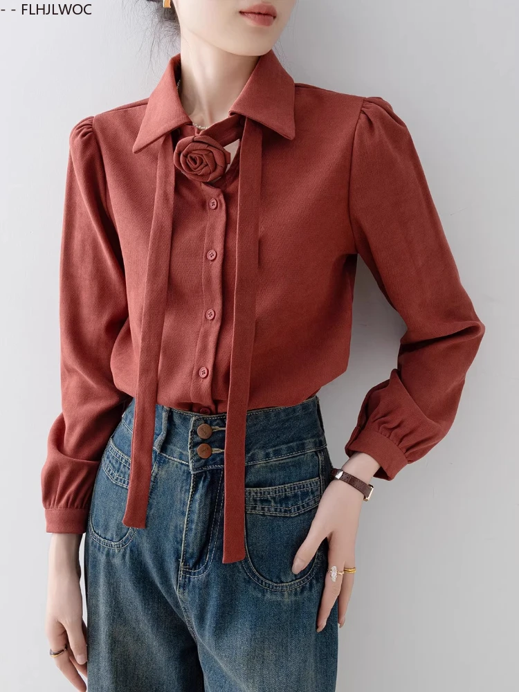 Corduroy Shirts Fashion Women Christmas New Year Korean-Style Vintage Hong Kong Girls Casual Simple Button Rose Bow Tie Tops