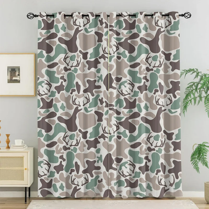 2pcs Hunting Camouflage Deer Blackout Curtains Rustic Antler Print Grommet Window Drapes Cabin Lodge Decor for Men Bedroom