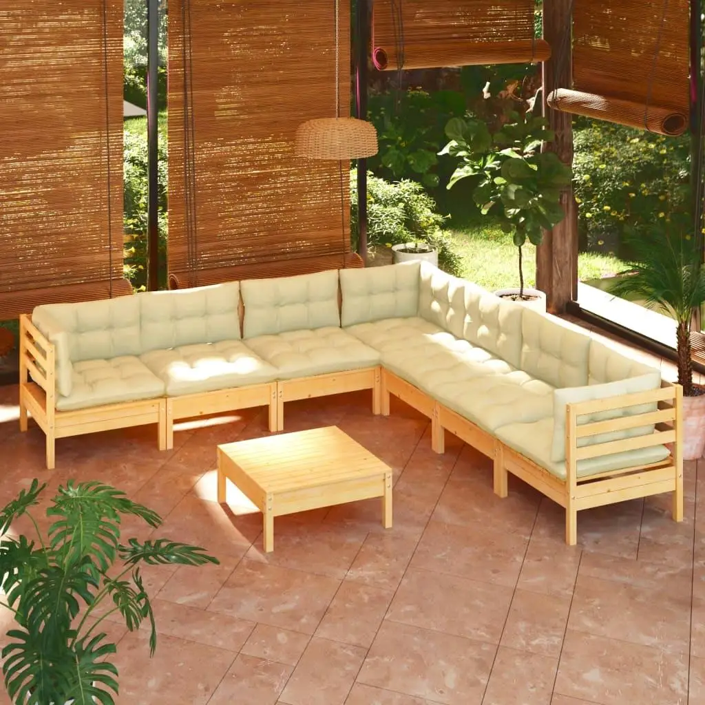 8-Piece Patio Lounge Set - Cream Cushions & Durable Solid Pinewood Furniture