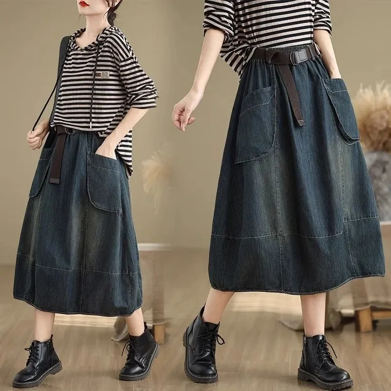 

Весенние женские элитные свободные джинсовые юбки 2025 года, женские джинсы трапециевидной формы большого размера 5XL, корейская женская модная ковбойская юбка с высокой талией
