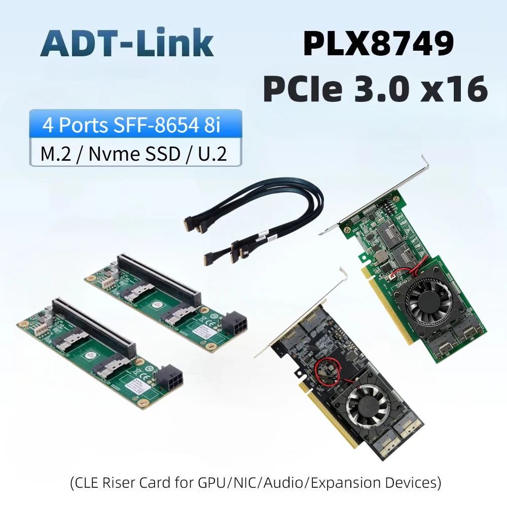 PCIe 3.0 X16 4 Port NVMe Adapter Expansion PEX8748 PLX GPU SFF-8654 8i Riser For Graphics Card EGPU Network SSD U.2 M.2 X8/X8 X4