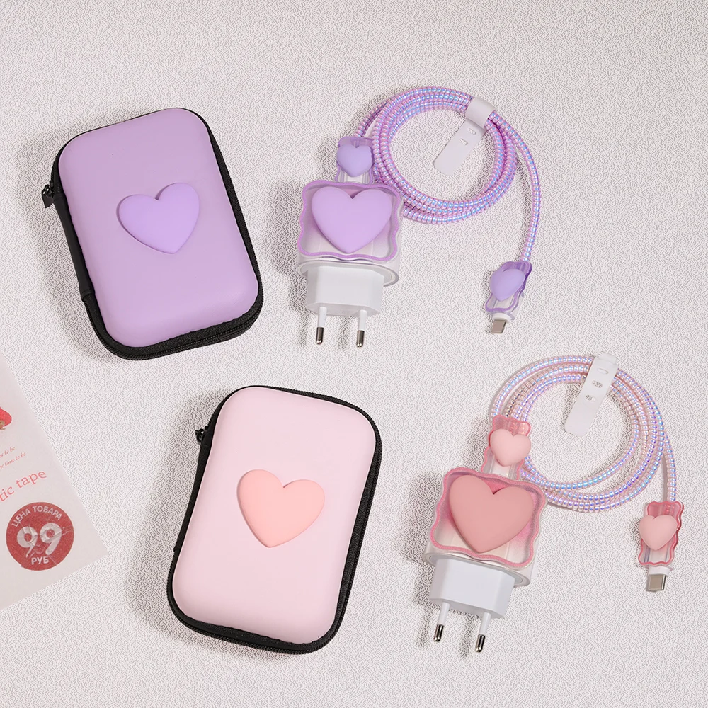 3D Love Heart Data Cable Protective Cover For iPhone 11 15 16 Pro Max 14 13 12 18W 20W Charger Cases Wire Winder Cable Organizer