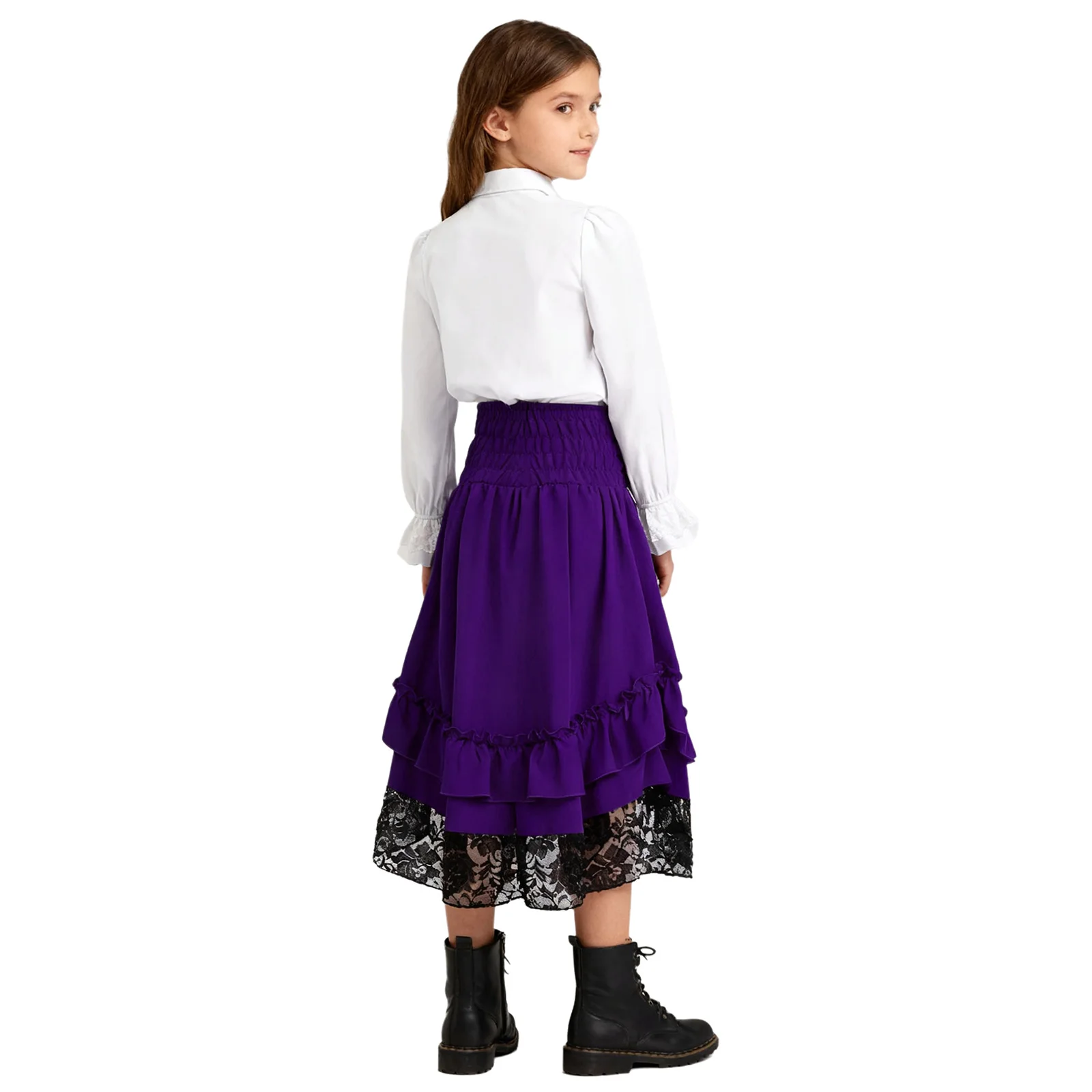 Kids Girls Medieval Renaissance Costume Suit Long Sleeve Ruffle Lace Cuffs Shirt Layered Skirt with Tiered Skirt Children Sets