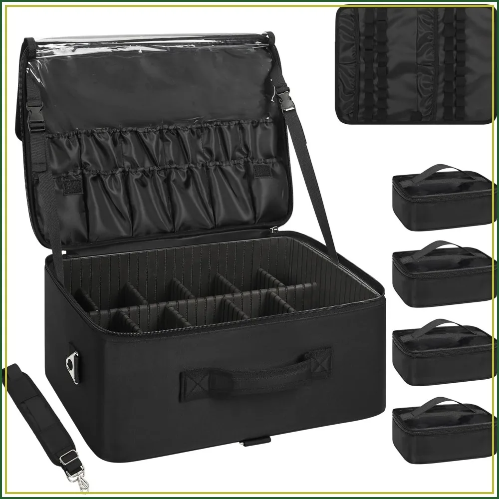 

Extra Large Makeup Case Professional Cosmetic Storage Organizer Box with Brush Holder, 4 Clear Bags, Lipstick Plate, Shoulder Strap & Adjustable Dividers