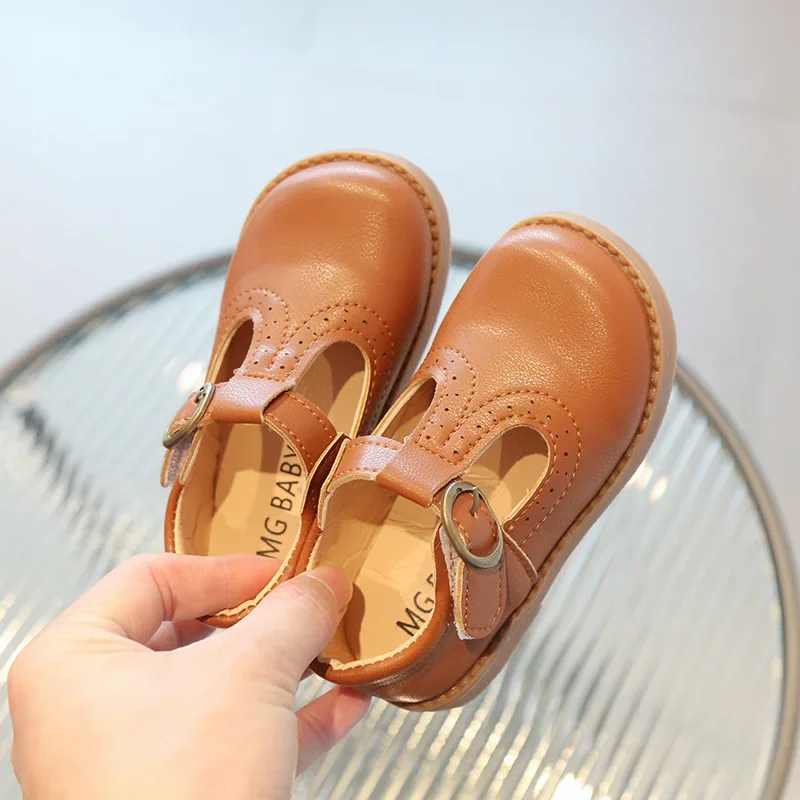 Sepatu tali kulit T anak perempuan, sepatu putri anak laki-laki, sepatu flat bersirkulasi, Mary Janes, warna hitam, coklat, sepatu bayi balita musim semi, musim gugur