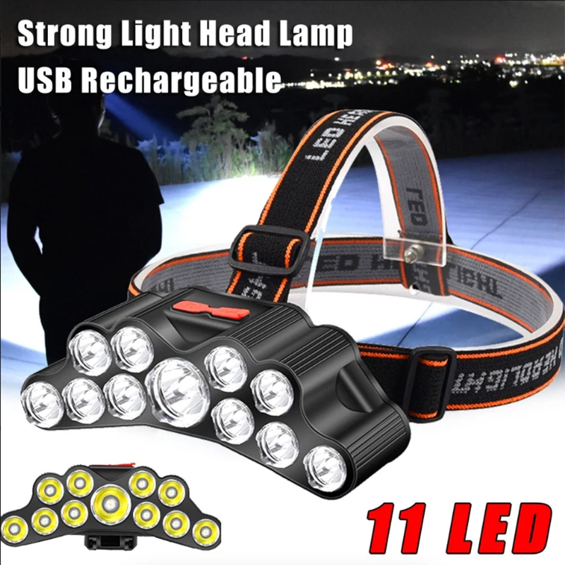 

11 LED Headlamp Strong Light Head Lamp USB Rechargeable Headlight Built-in 18650 Battery Flashlight Outdoor Fishing Lantern