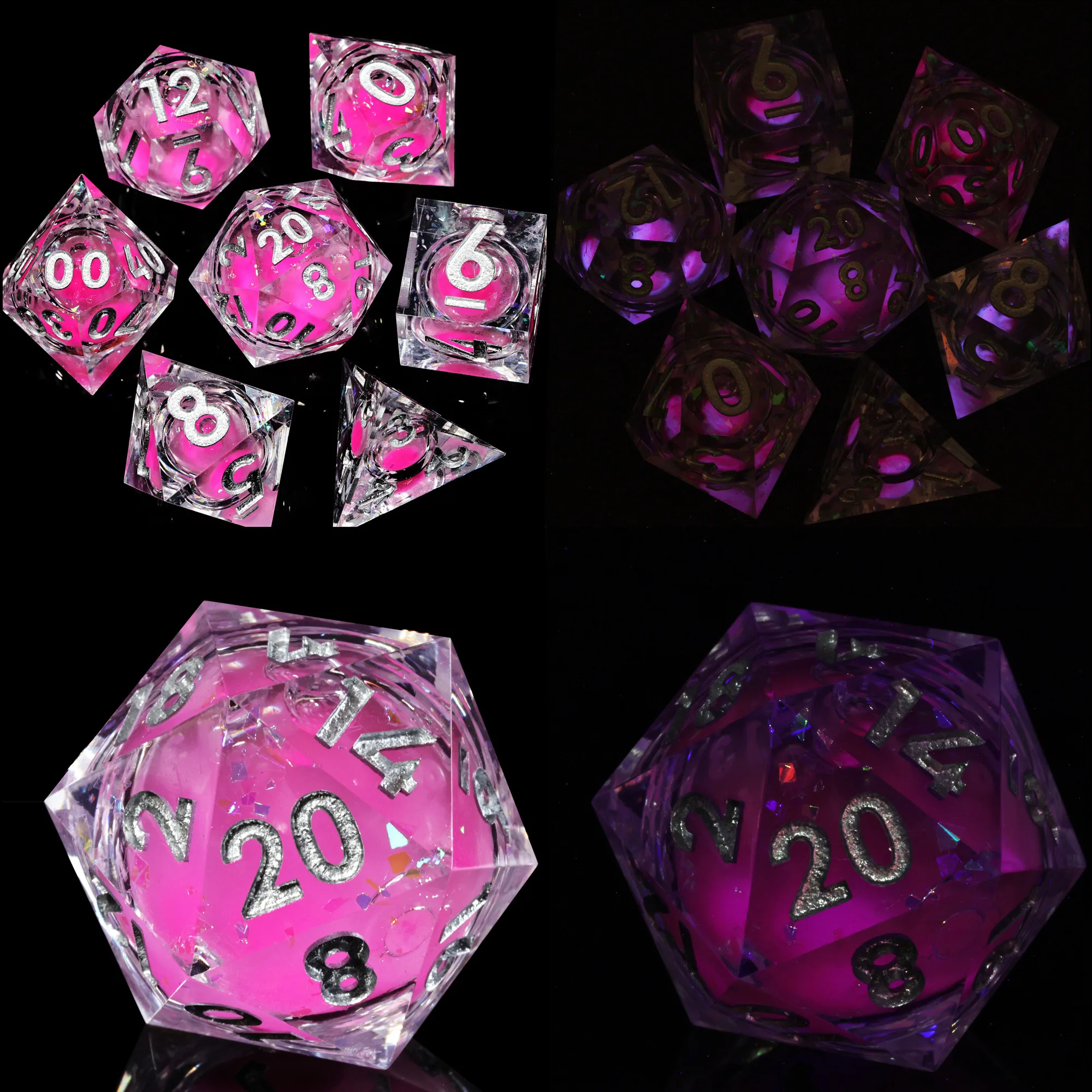 MINI PLANET Pink Blue Gold Flowing Sand Liquid Core Dice Set 7pcs Polyhedral Resin Dice For RPG Desktop Games Handmade DND Dice