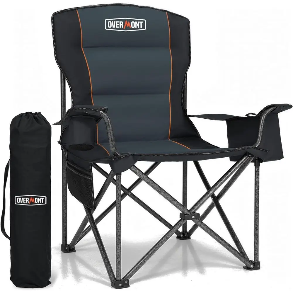 Heavy Duty Camping Chair Supports 500 LBS, Padded High Back with Cooler Bag, Cup Holder, Side Pockets & Carry Bag