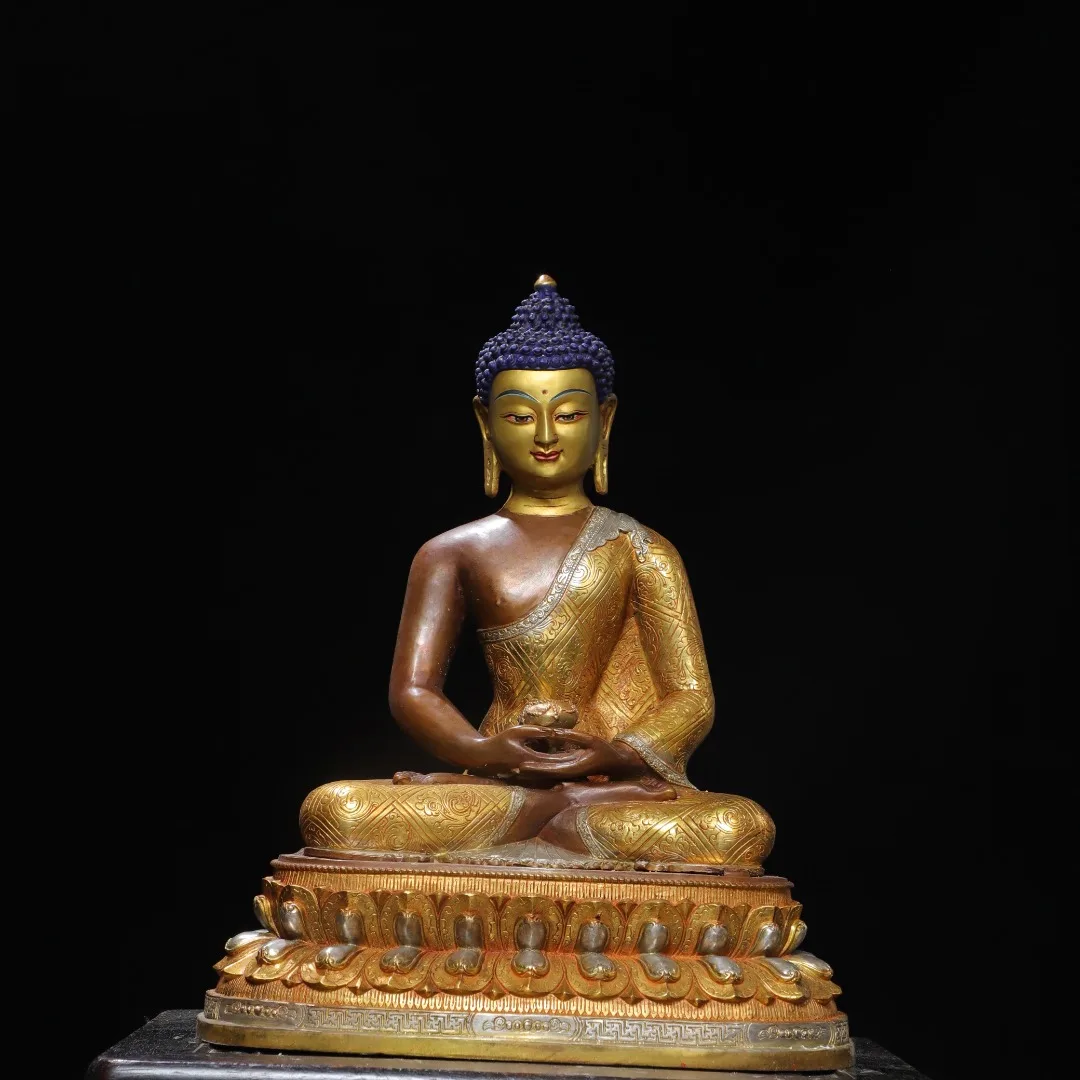 Old Bronze Gilded Painted Face Vairocana Buddha Shakyamuni seated Buddha Double Lotus Terrace Worship Hall