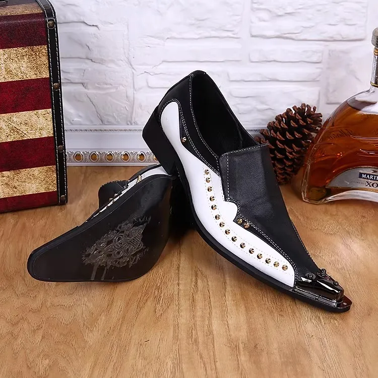 Punk Style Rivet Men\'s Sewing Shallow Loafers Fashion Mixed Color Pointed Toe Chunky Heel Leisure Shoes Male Party Dress Oxfords